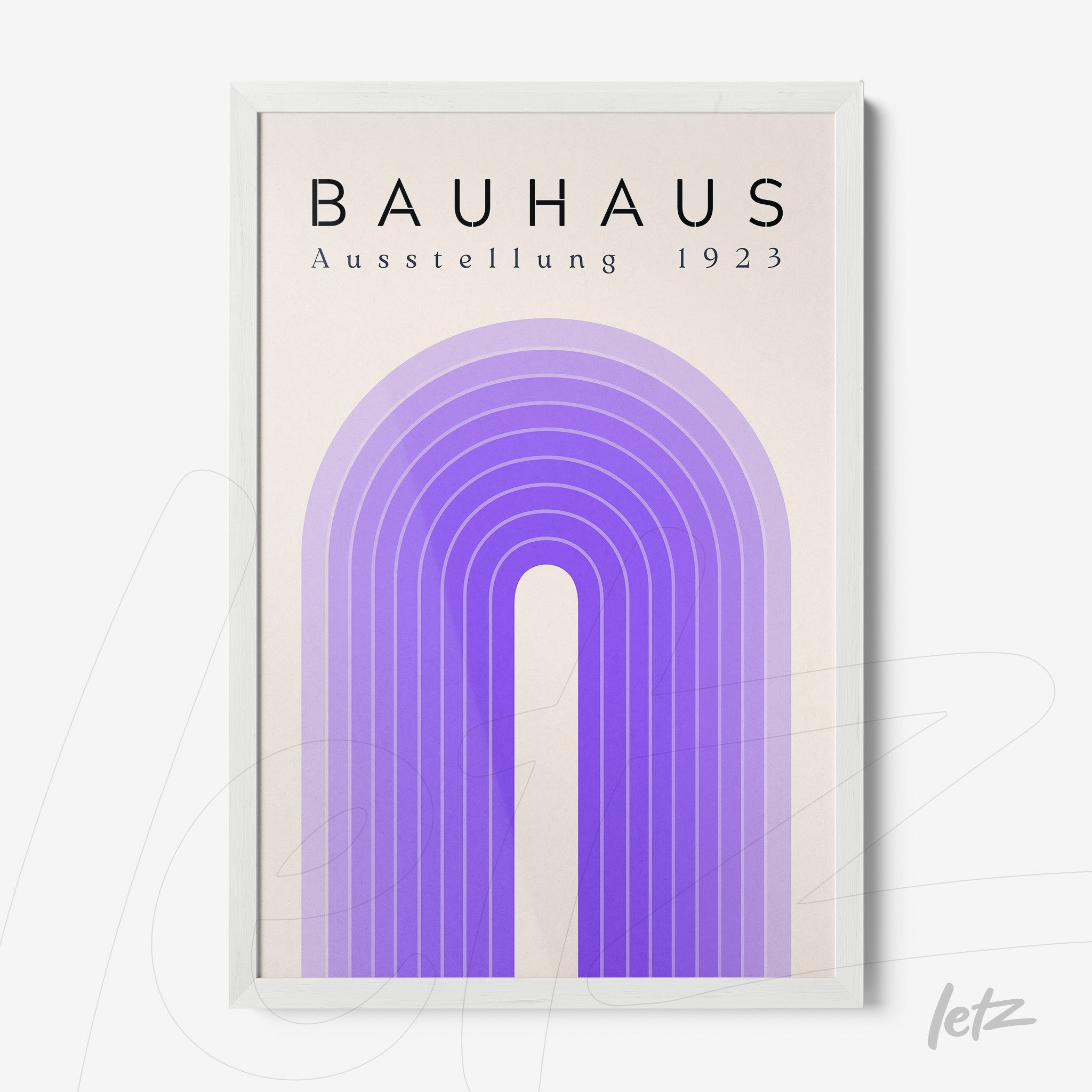 framed minimalist poster with purple arch on beige background featuring bauhaus movement text