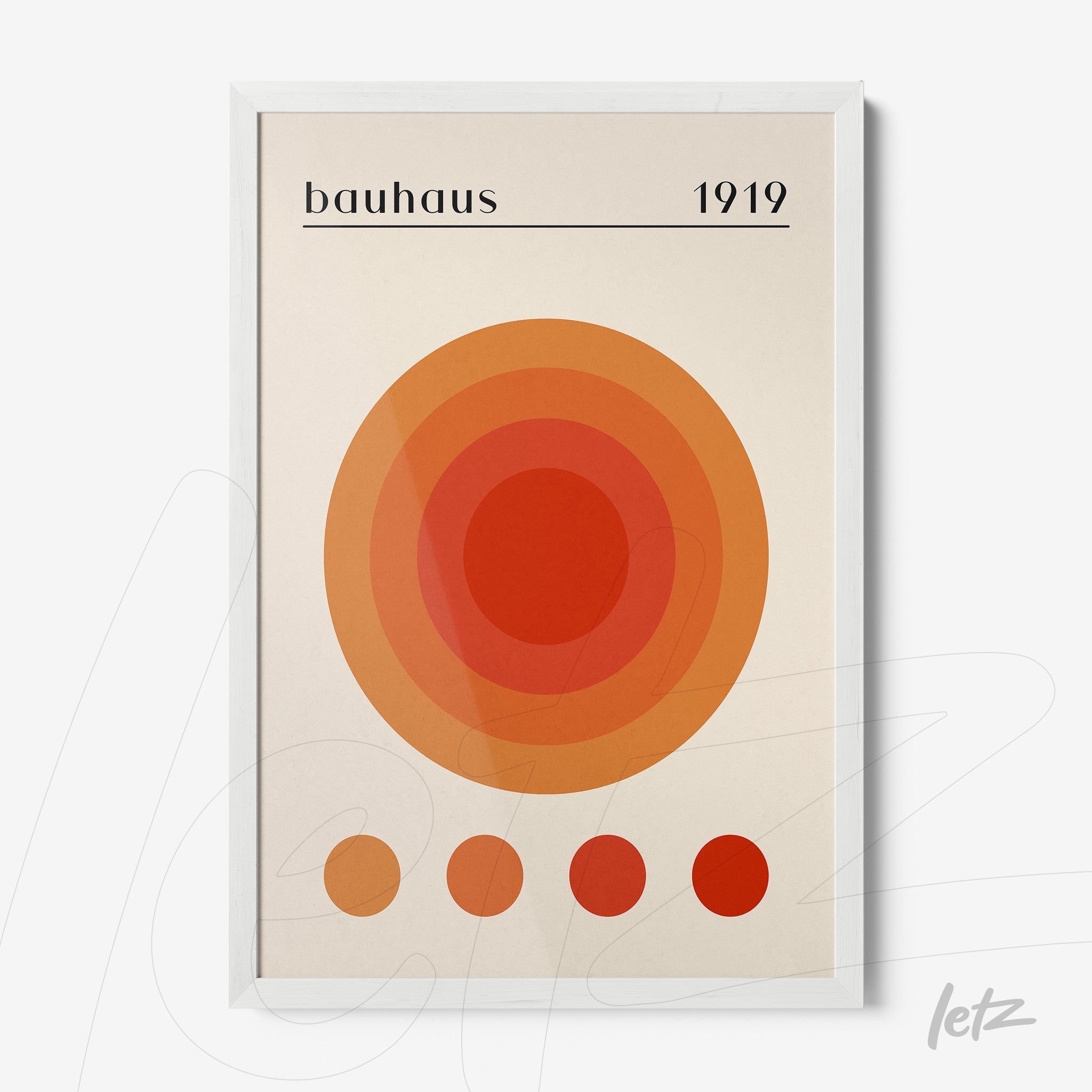 poster featuring concentric circles in shades of orange and red, bauhaus style, framed in white