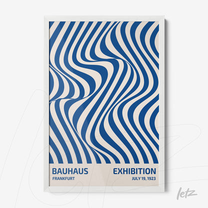poster featuring blue curved geometric pattern in white frame