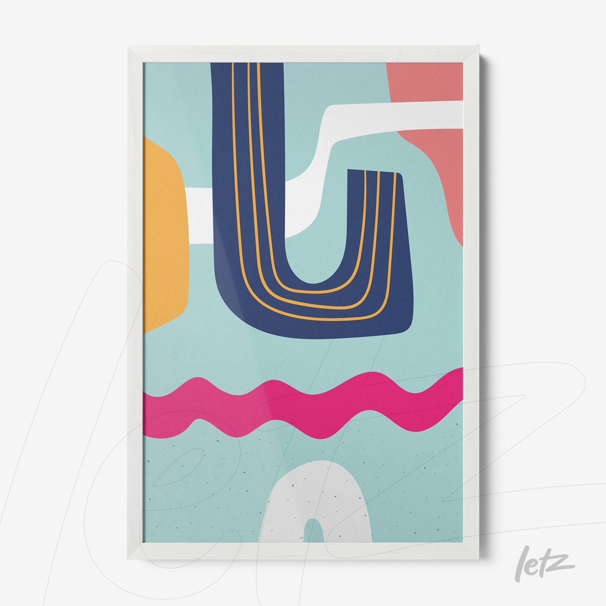 ```json
{
  "alt": "quadro com arte abstrata em tons de azul, rosa e laranja com moldura branca",
  "alt_en": "framed abstract art in shades of blue, pink, and orange with white frame"
}
```