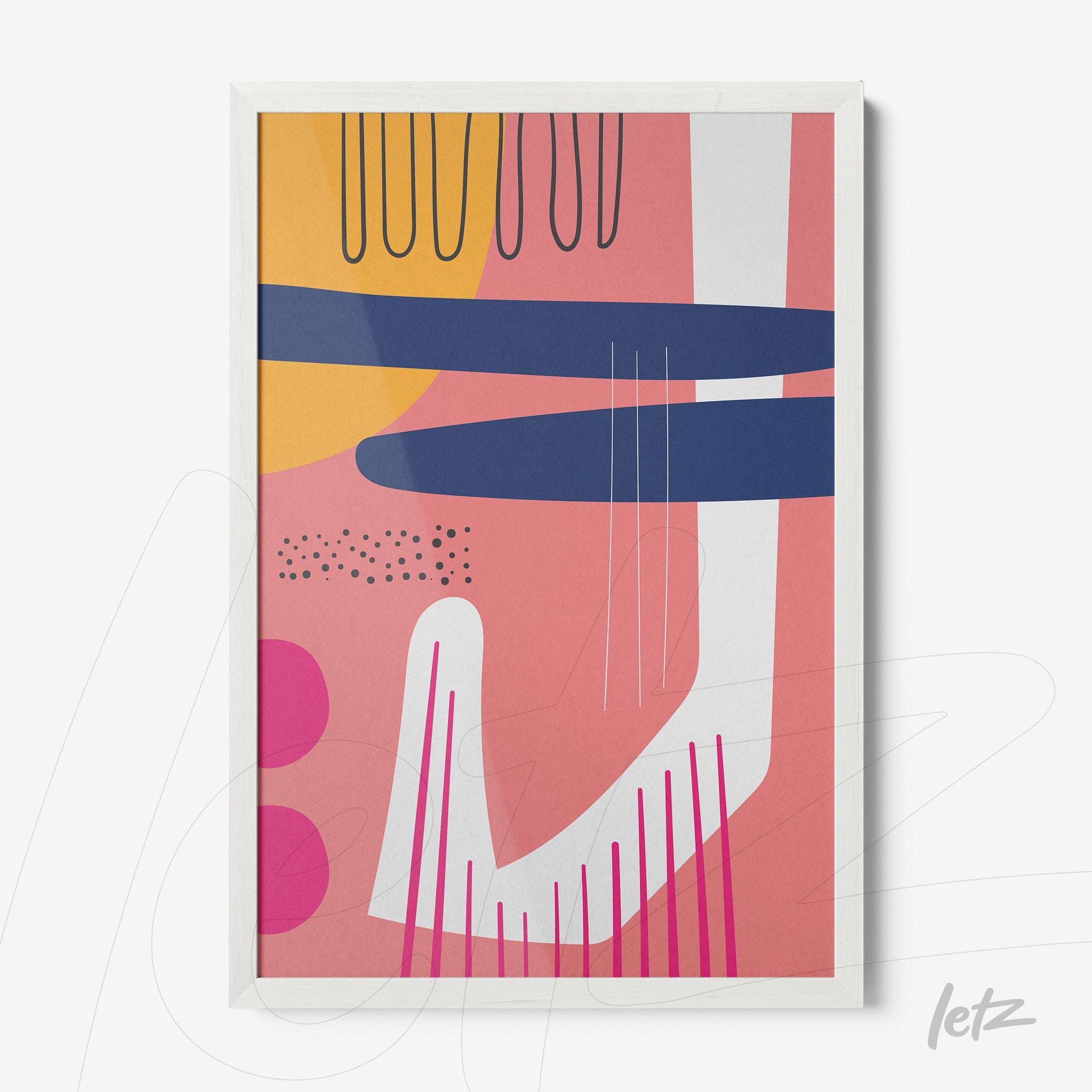 ilustração abstrata boho em tons modernos de rosa e azul emoldurada em caixa com vidro branca