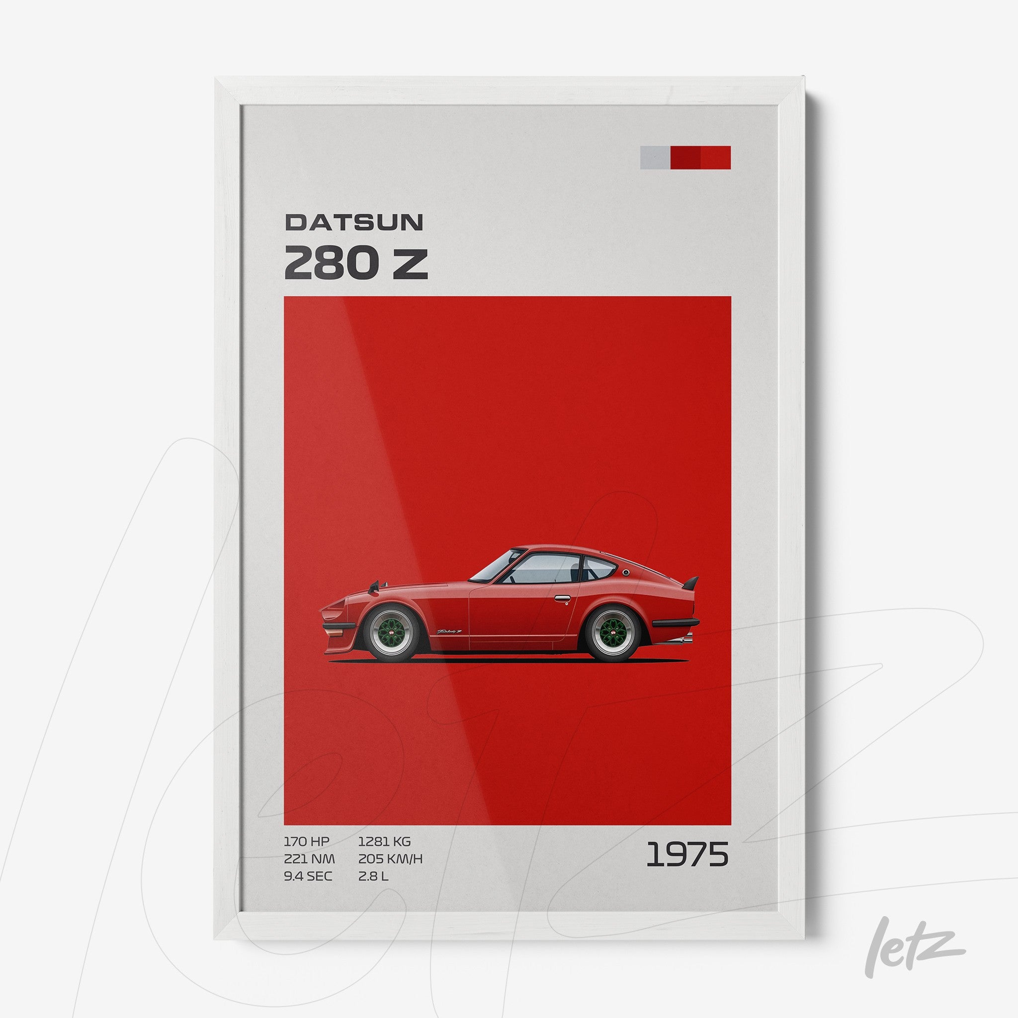 framed wall art of Datsun 280 Z car on red background with white frame