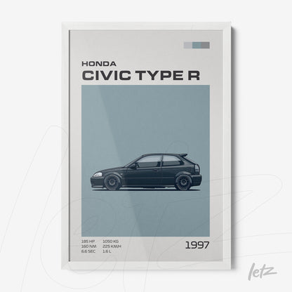 framed art featuring Honda Civic Type R from 1997 in white frame