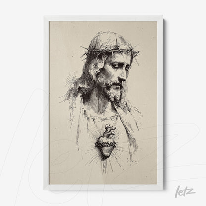 framed black and white artwork of Christ with a crown of thorns and exposed heart in white frame