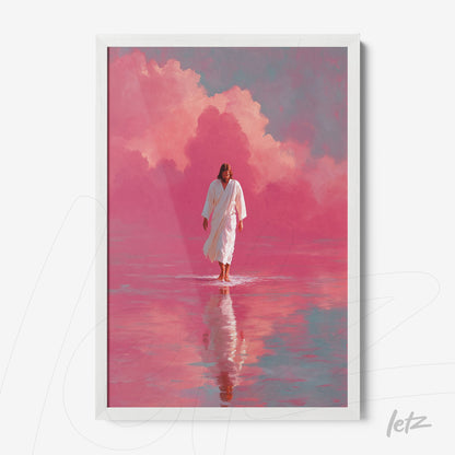 spiritual framed art of a figure in white robe walking on water reflecting pink clouds with white frame