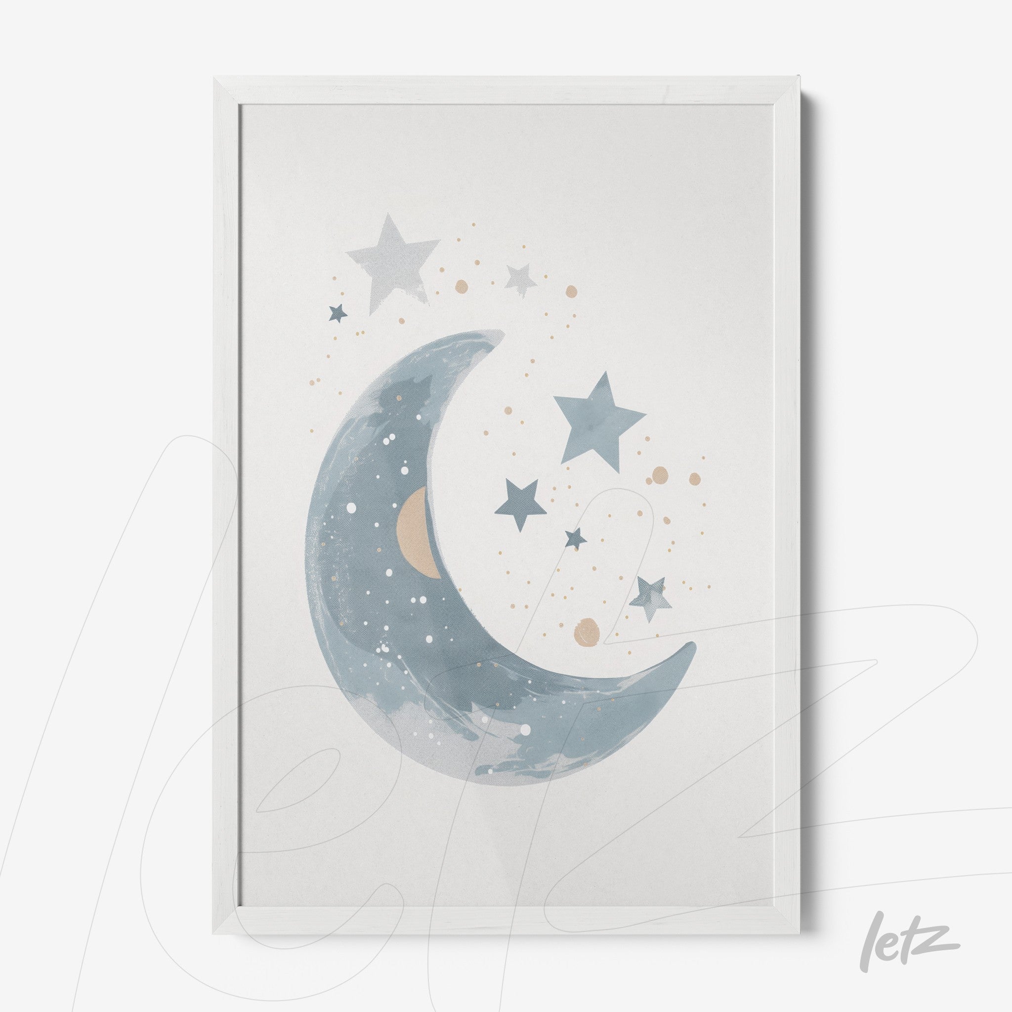 framed art featuring a blue crescent moon with stars and planets on a light background