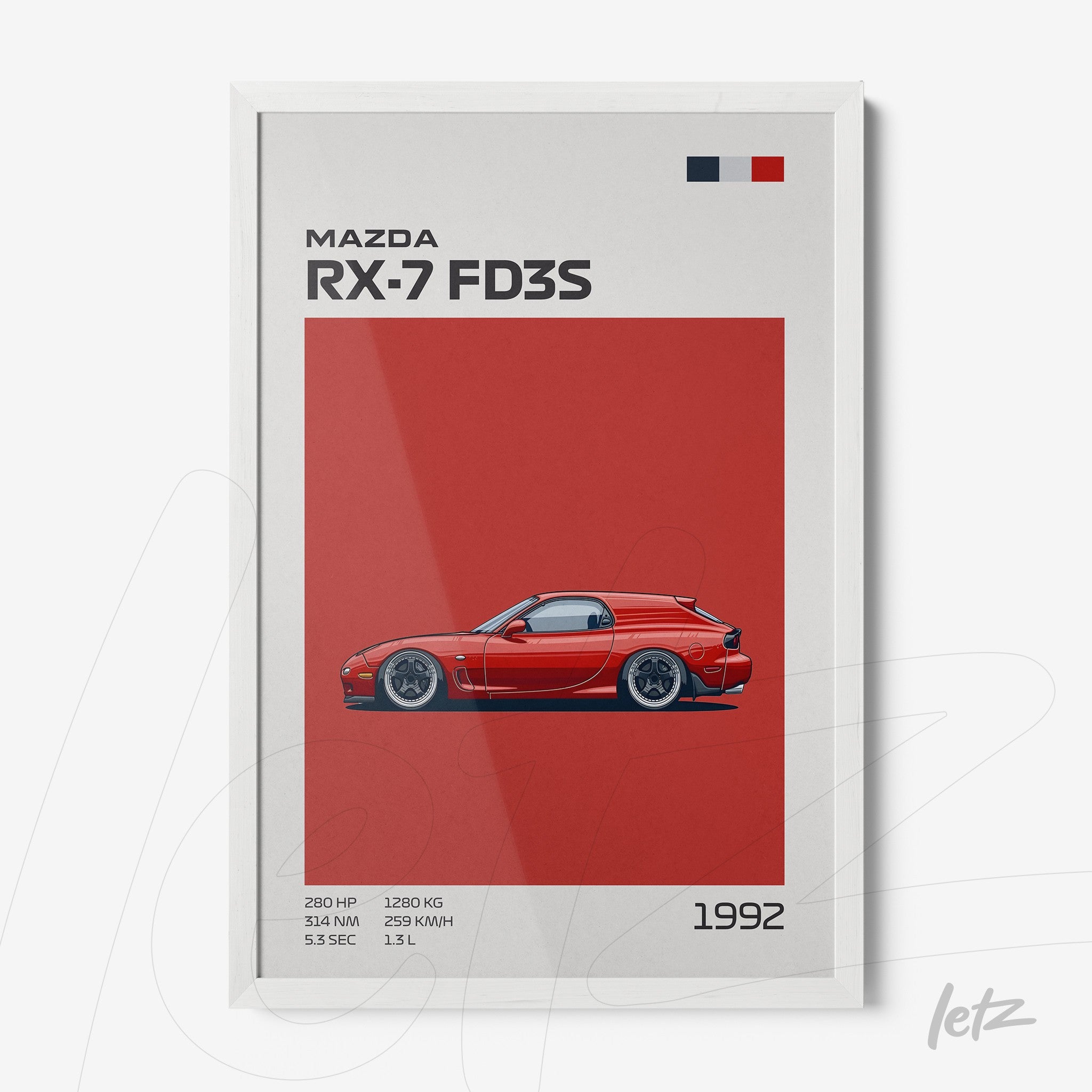 framed art featuring a sporty Mazda RX-7 FD3S illustration on a red background with a white frame