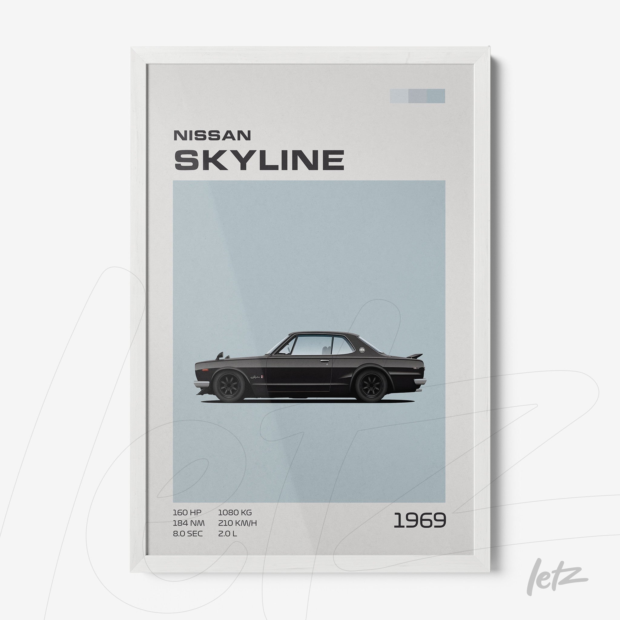 framed art print featuring a 1969 Nissan Skyline car illustration on light blue background with white frame