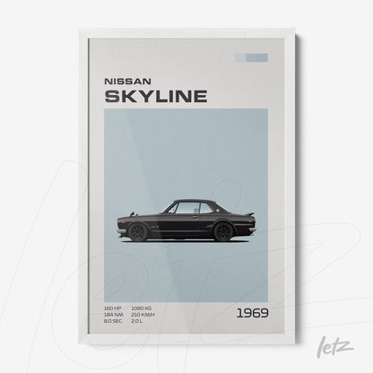 framed art print featuring a 1969 Nissan Skyline car illustration on light blue background with white frame