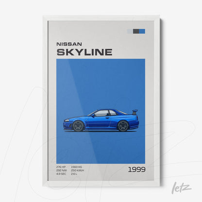 framed artwork depicting the 1999 Nissan Skyline against a vibrant blue background with a white frame