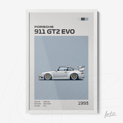 framed art featuring a graphic illustration of a 1993 Porsche 911 GT2 EVO in white frame