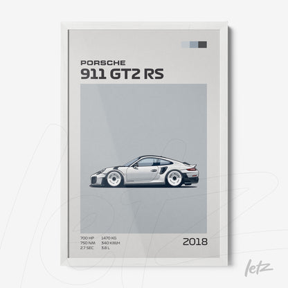 framed wall art of the sports car porsche 911 gt2 rs with white frame