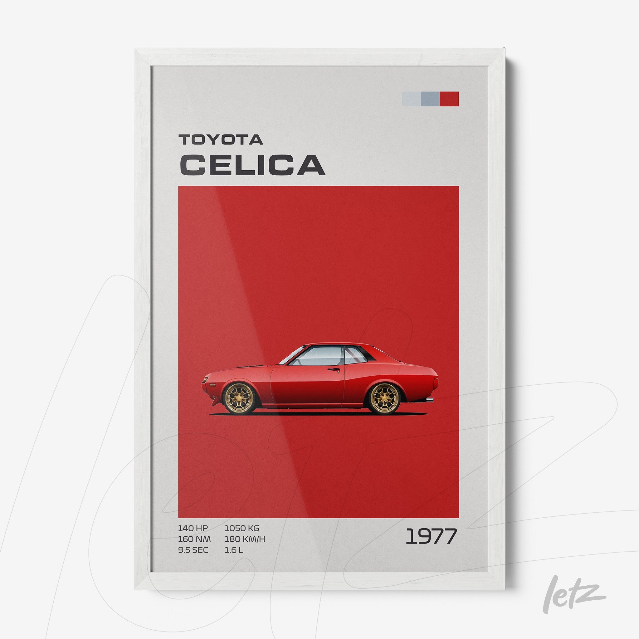 framed digital art of a 1977 Toyota Celica in vibrant red background with white frame