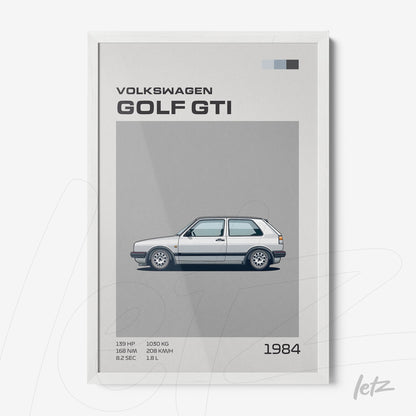 minimalist framed illustration of a 1984 Volkswagen Golf GTI with white frame
