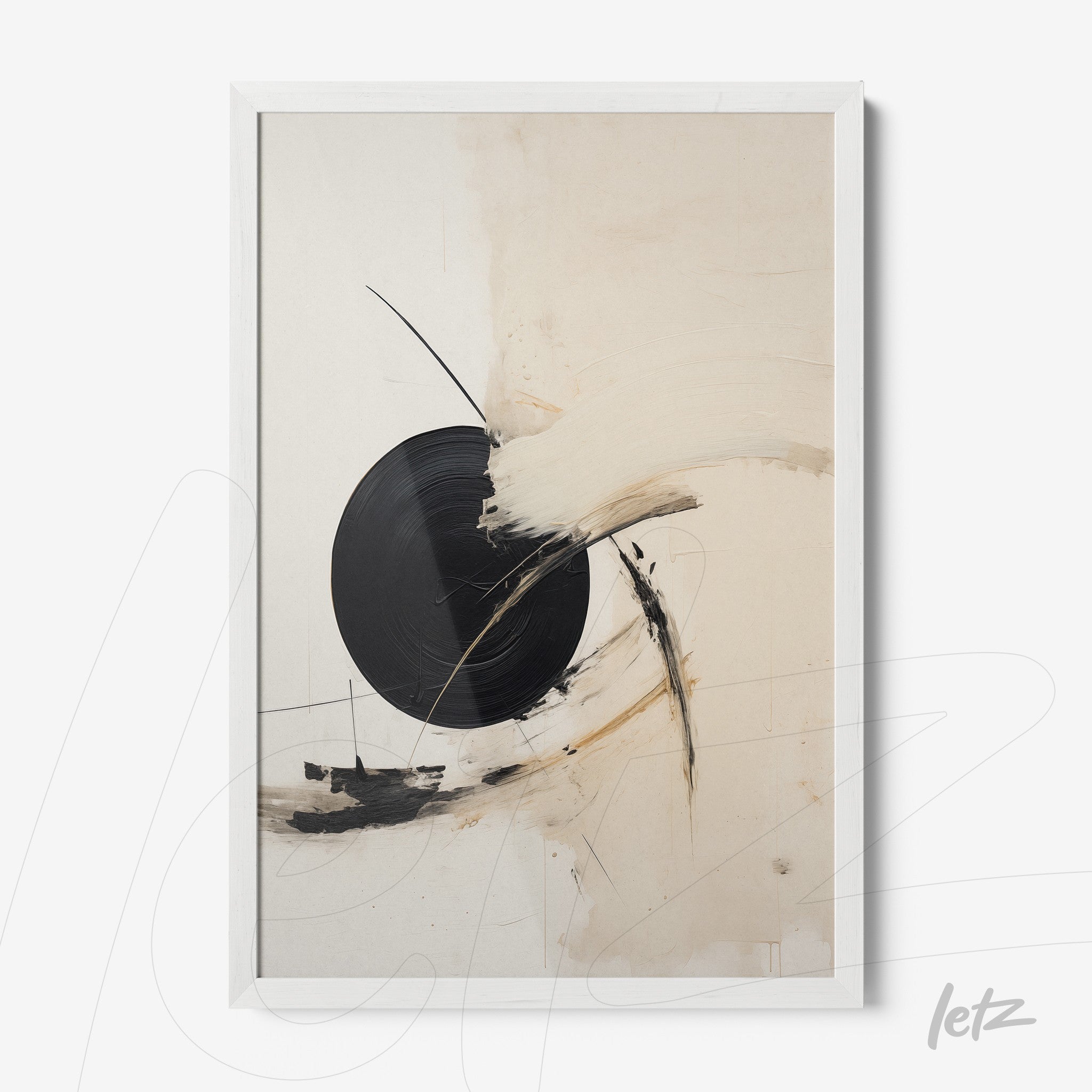 abstract artwork featuring neutral tones and circular shapes in a white frame