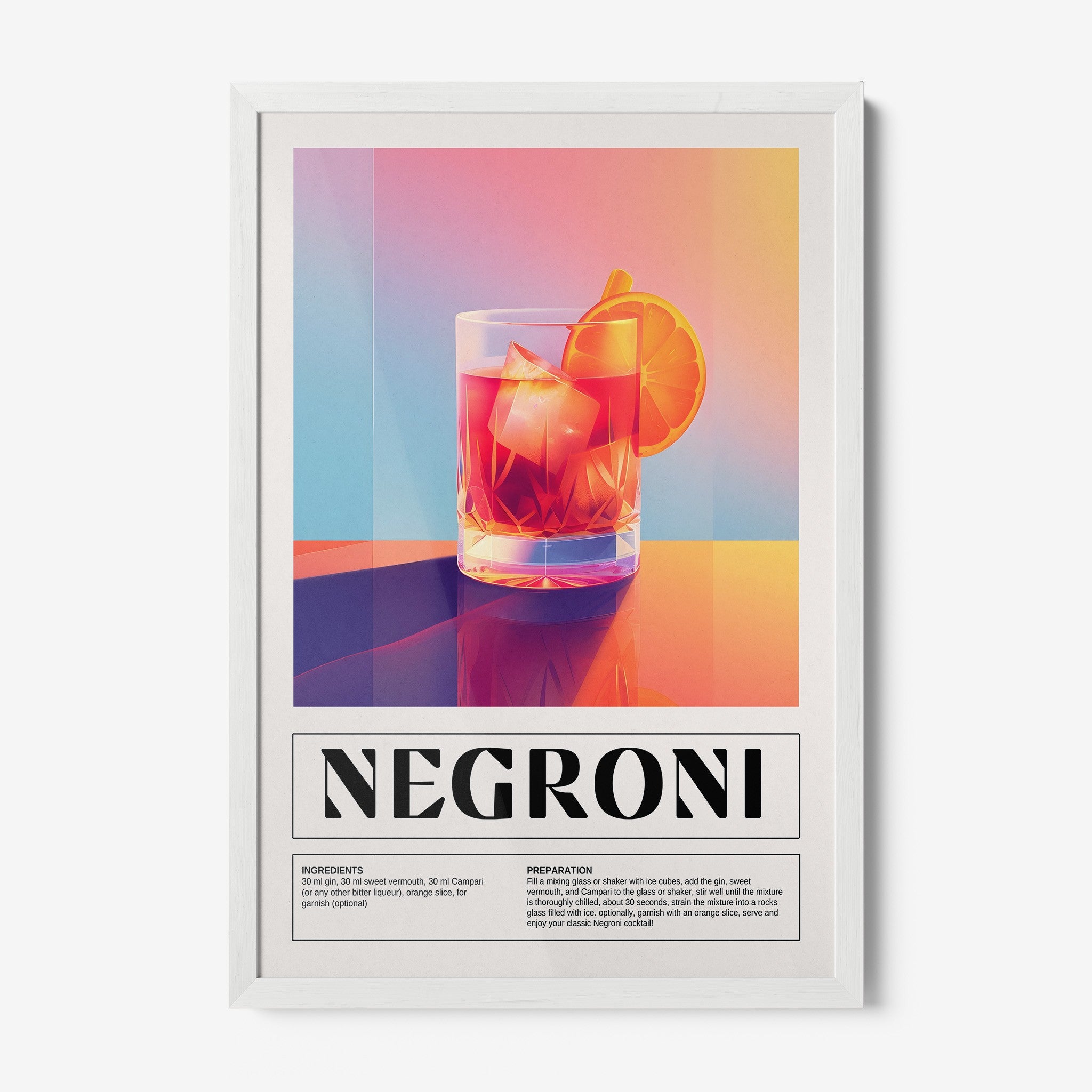 framed artwork of negroni cocktail featuring a glass with ice and an orange slice against a vibrant background