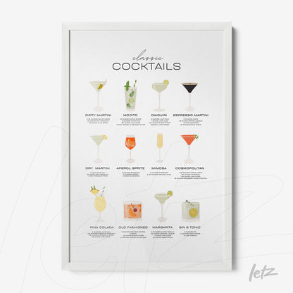 framed wall art featuring illustrations of classic cocktails including martinis, mojito, and cosmopolitan on a light background with stylish typography
