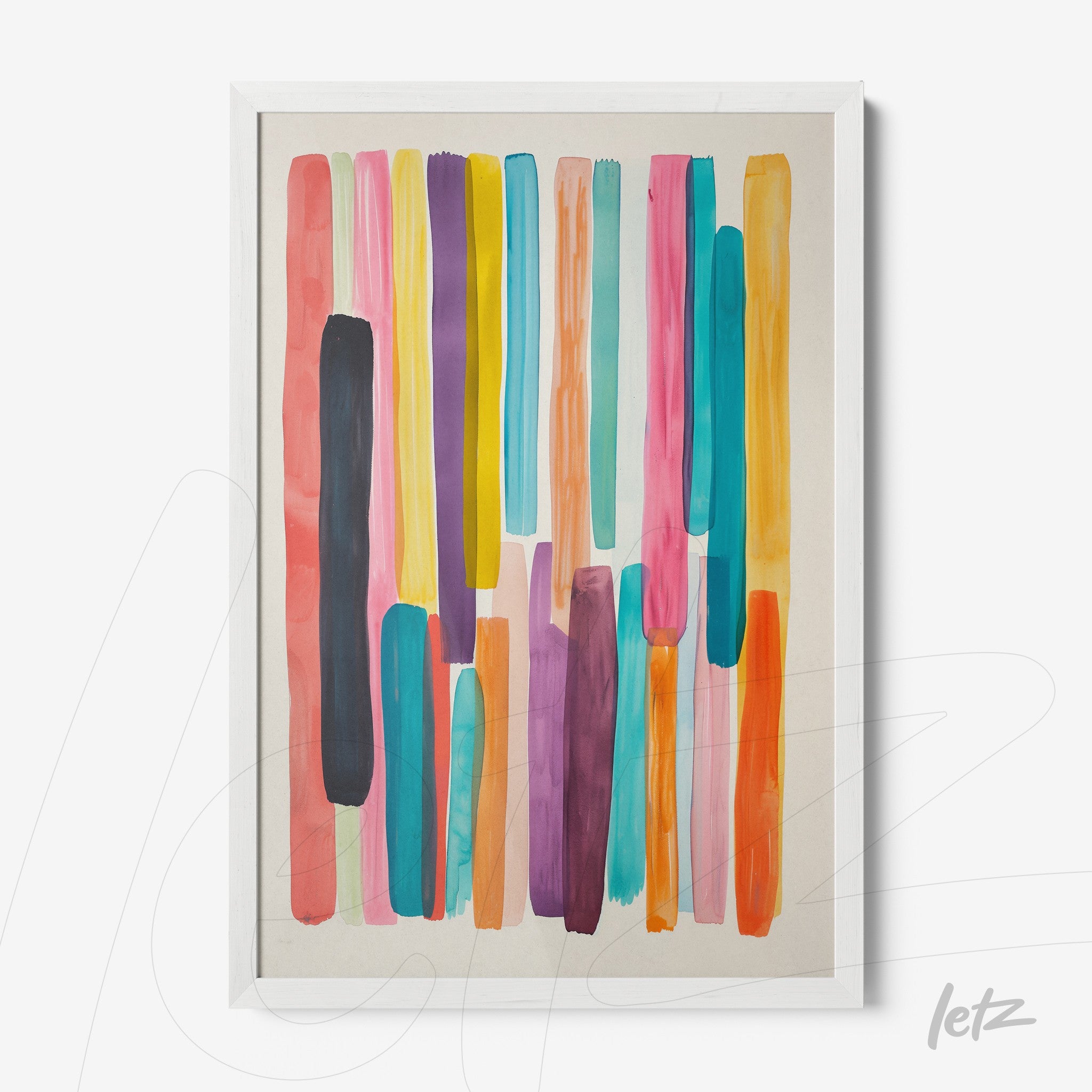 framed abstract art featuring colorful vertical stripes in a white frame