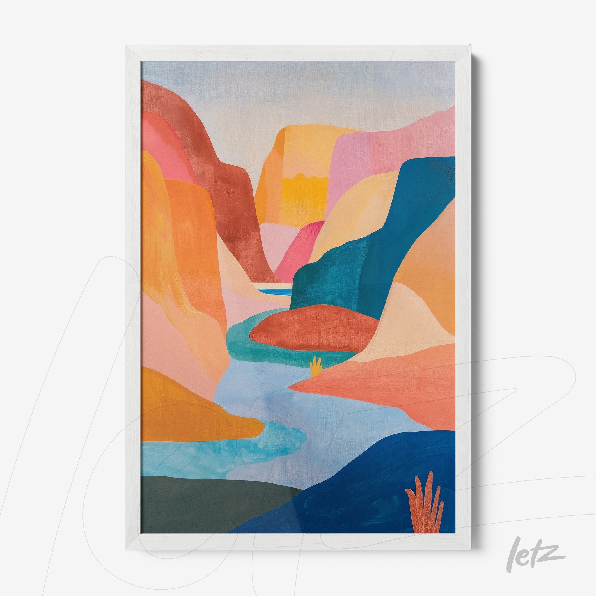 framed artwork featuring modern colorful landscapes with stylized mountains and a vibrant river