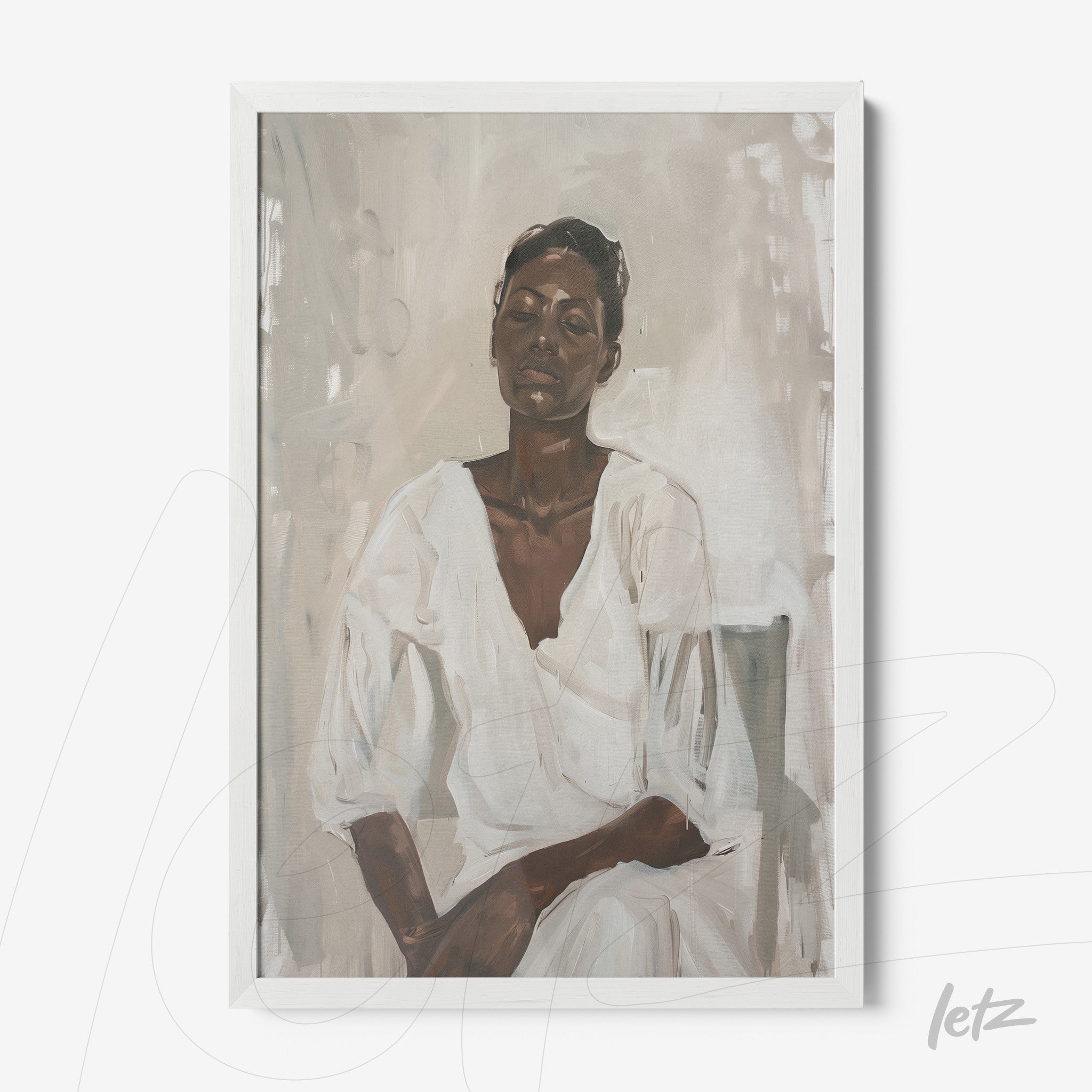 framed artwork featuring an abstract depiction of a seated woman in white clothing against a neutral background