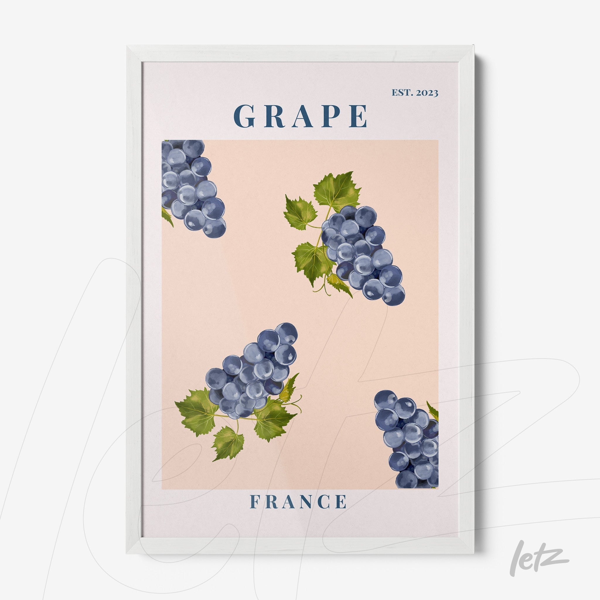 framed wall art featuring grapes on a pink background with white frame and French text