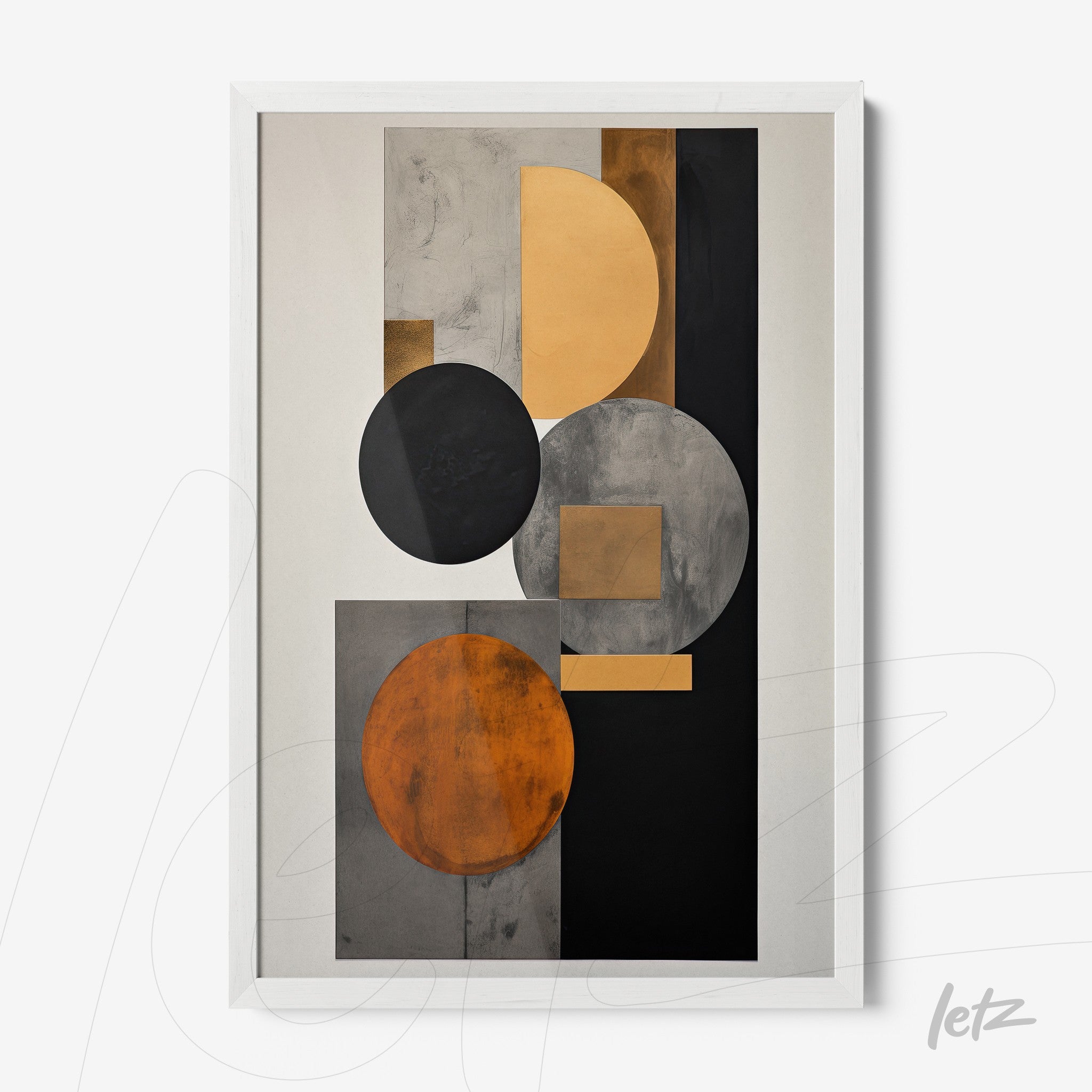 framed artwork featuring an abstract composition of geometric shapes in shades of orange, gray, and black