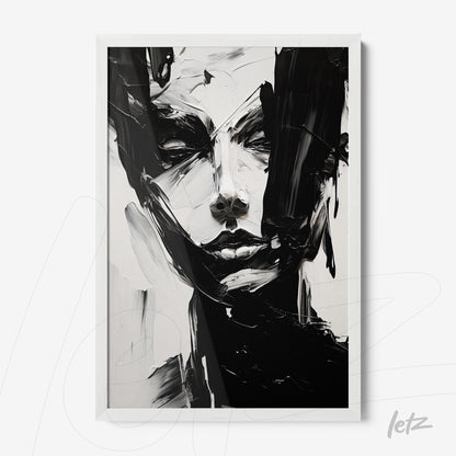 framed abstract artwork in black and white depicting a female face with white frame