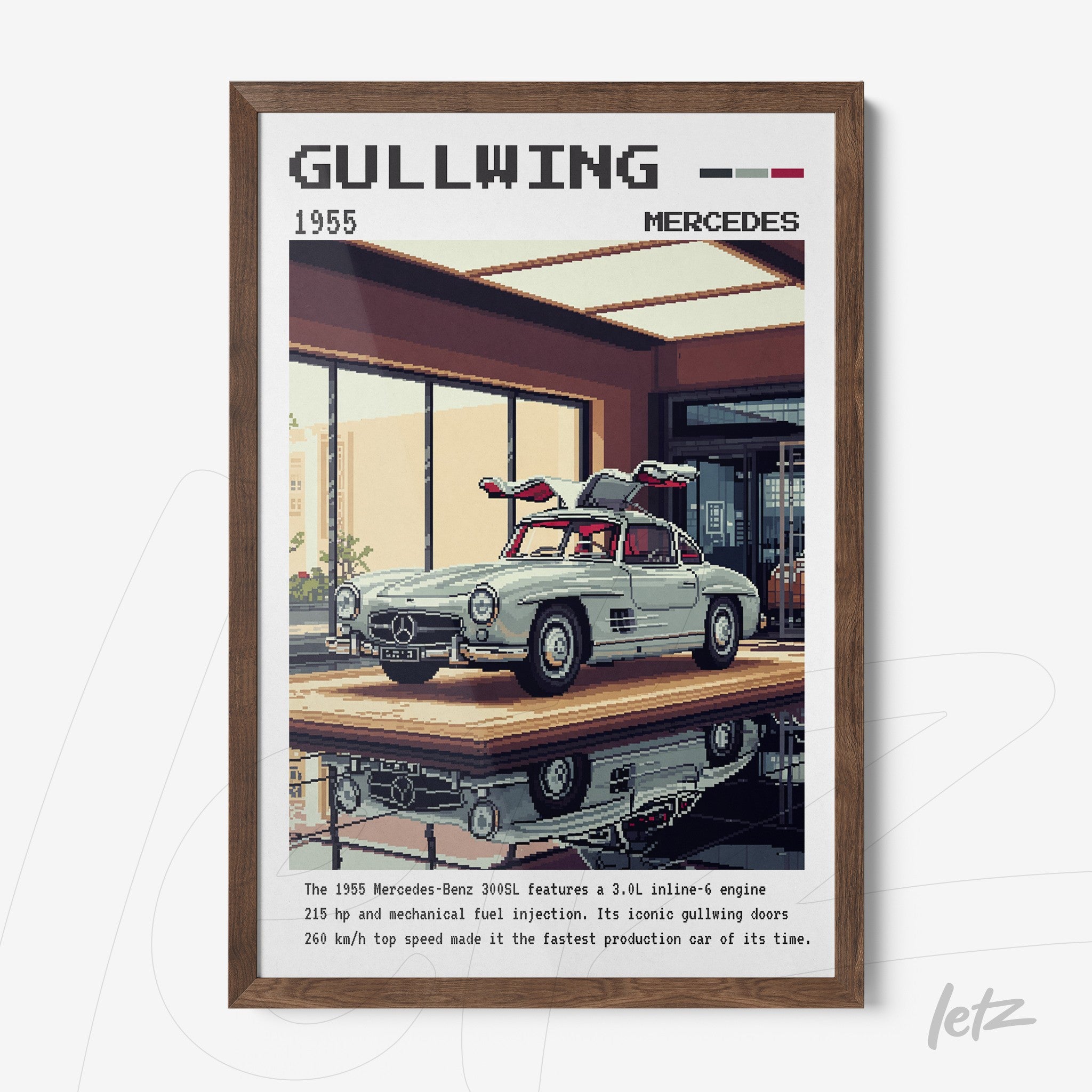 digital artwork of the 1955 Mercedes-Benz 300SL Gullwing in a modern setting with dark wood frame