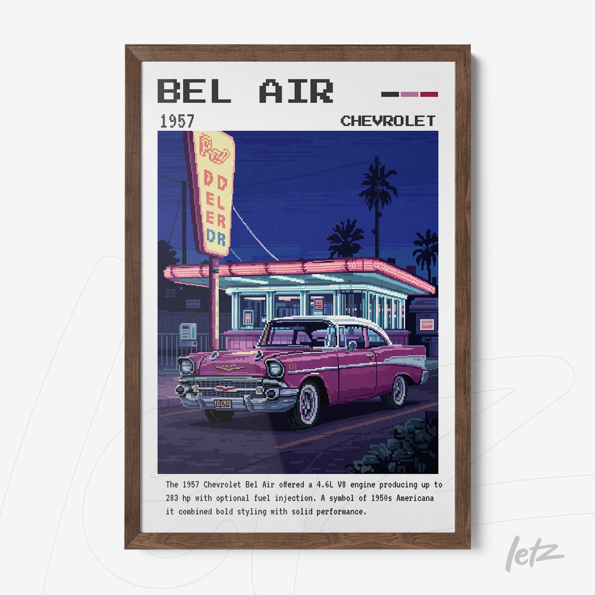 pixel art print of a 1957 Chevrolet Bel Air in front of a brightly lit diner