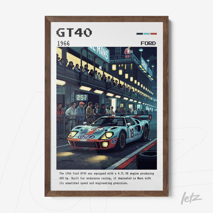 framed wall art featuring digital illustration of a GT40 racing car under night lighting at Le Mans racetrack