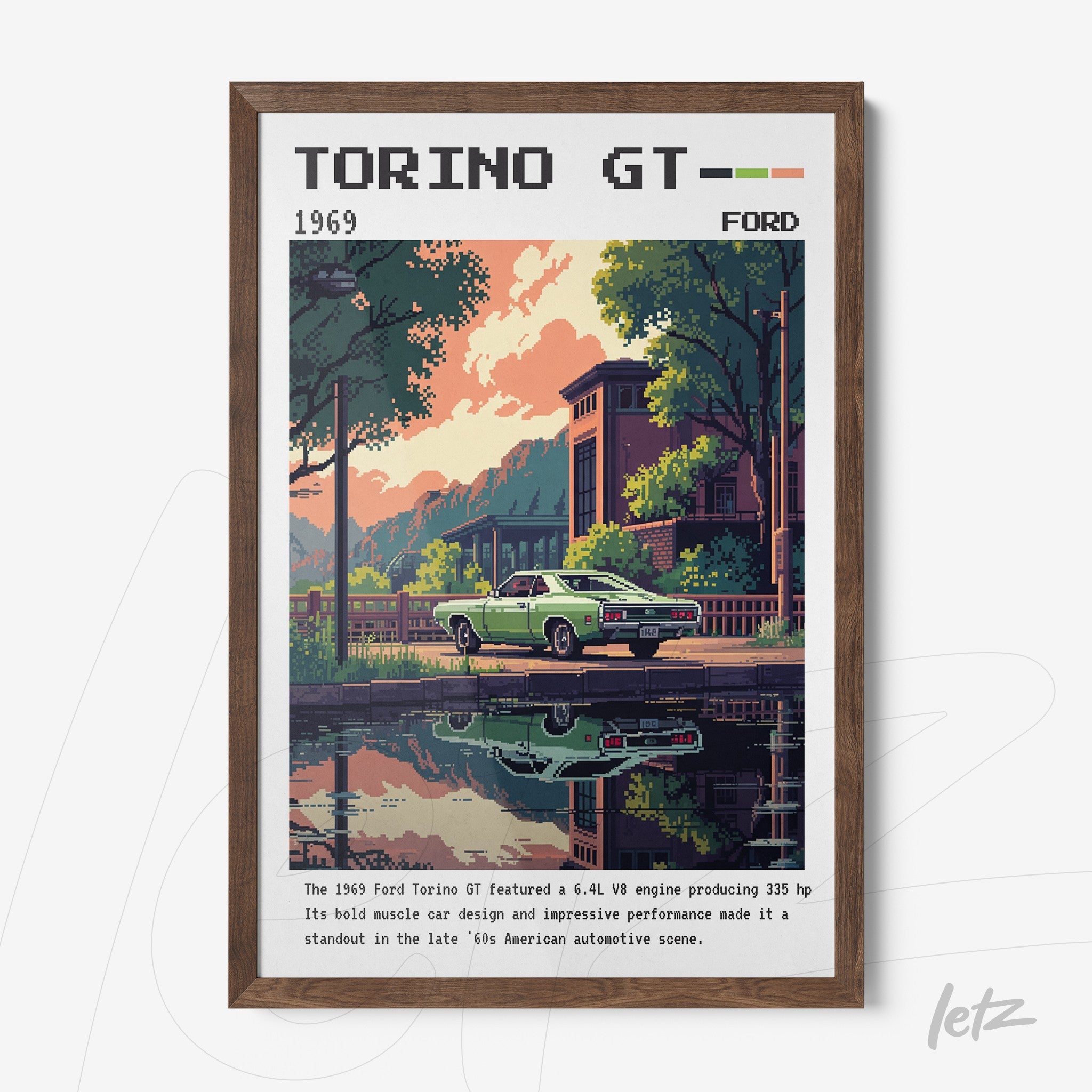 retro style framed art of the 1969 Ford Torino GT with dark wood frame featuring a lake reflection and trees in the background