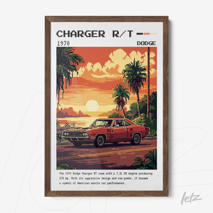 pixel art of a 1970 Dodge Charger R/T in front of palm trees with light wood frame