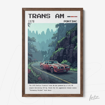 pixel art print of a 1978 Pontiac Trans Am set in a lush mountainous landscape with a dark wood frame