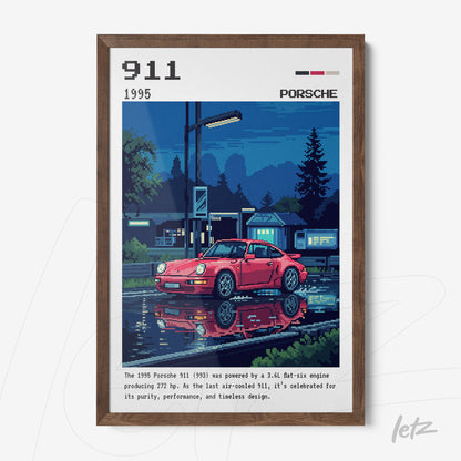 framed digital art of a red Porsche 911 reflecting in a puddle with a dark wooden frame