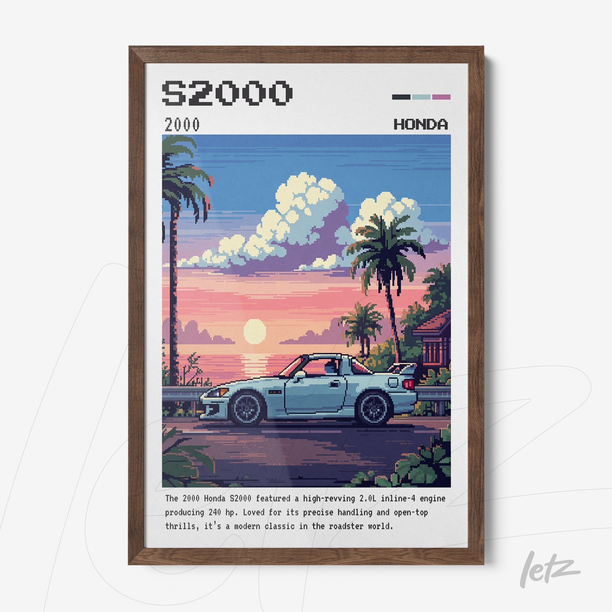 framed pixel art of Honda S2000 car by the beach with dark wood frame