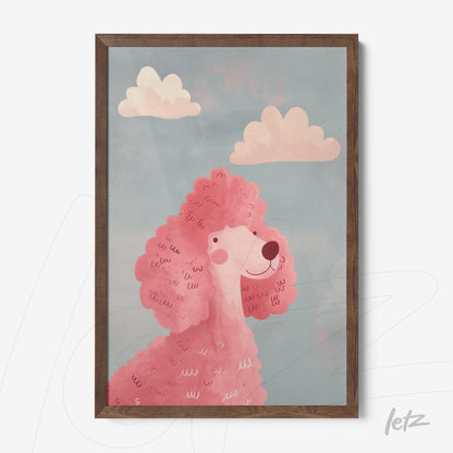 framed art of a pink poodle against a light blue sky with white clouds, dark wood frame