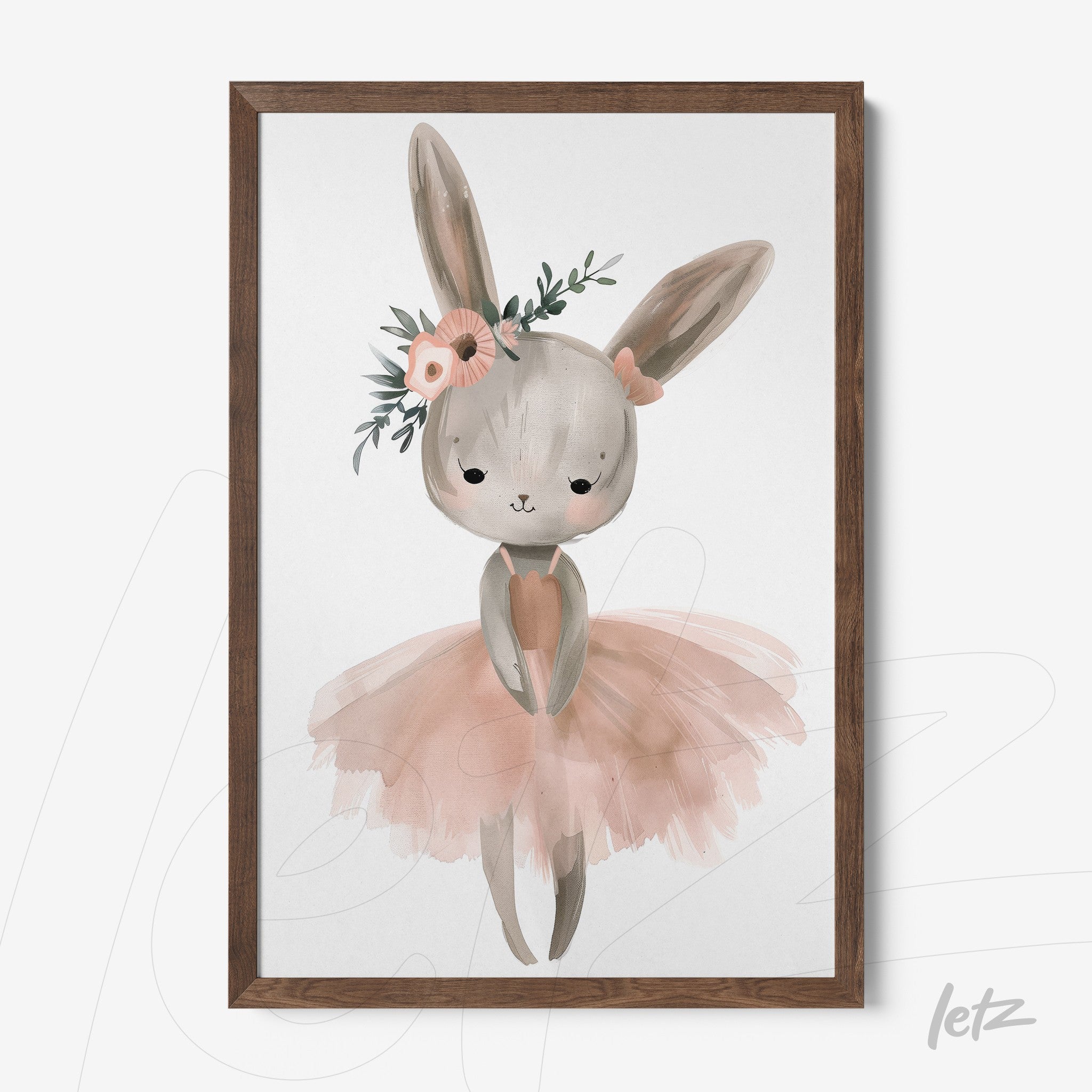 framed art featuring a bunny wearing a pink tutu and floral headband with dark wood frame