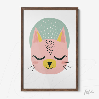 framed art featuring a playful pink cat illustration with a wooden frame