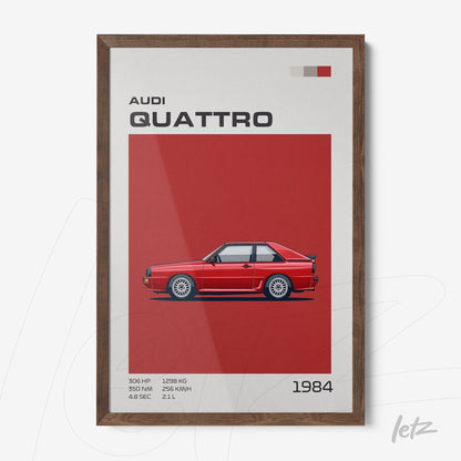 framed retro illustration of Audi Quattro car with dark wood frame and vibrant red background