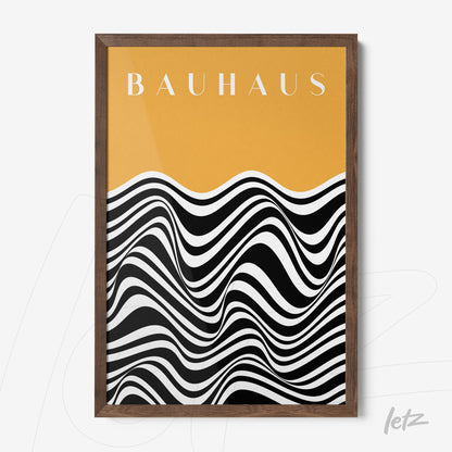 geometric art print of black and white waves on yellow background with wooden frame