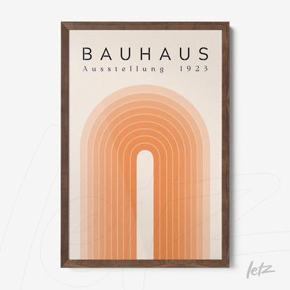 poster featuring geometric orange design with dark wood frame, text bauhaus ausstellung 1923