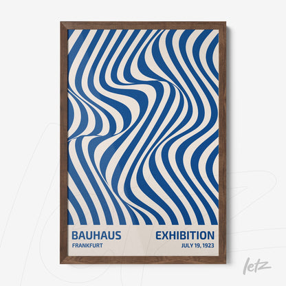 framed Bauhaus style illustration with wavy blue stripes and dark wooden frame