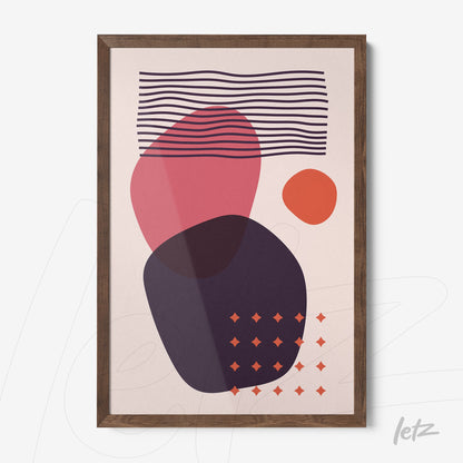 abstract framed wall art with irregular shapes and lines in rustic wood frame