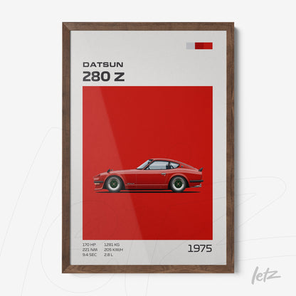 framed graphic art of the Datsun 280 Z with vibrant red background and dark wood frame