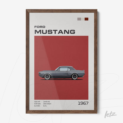 framed art of 1967 Ford Mustang with dark wood frame and red background