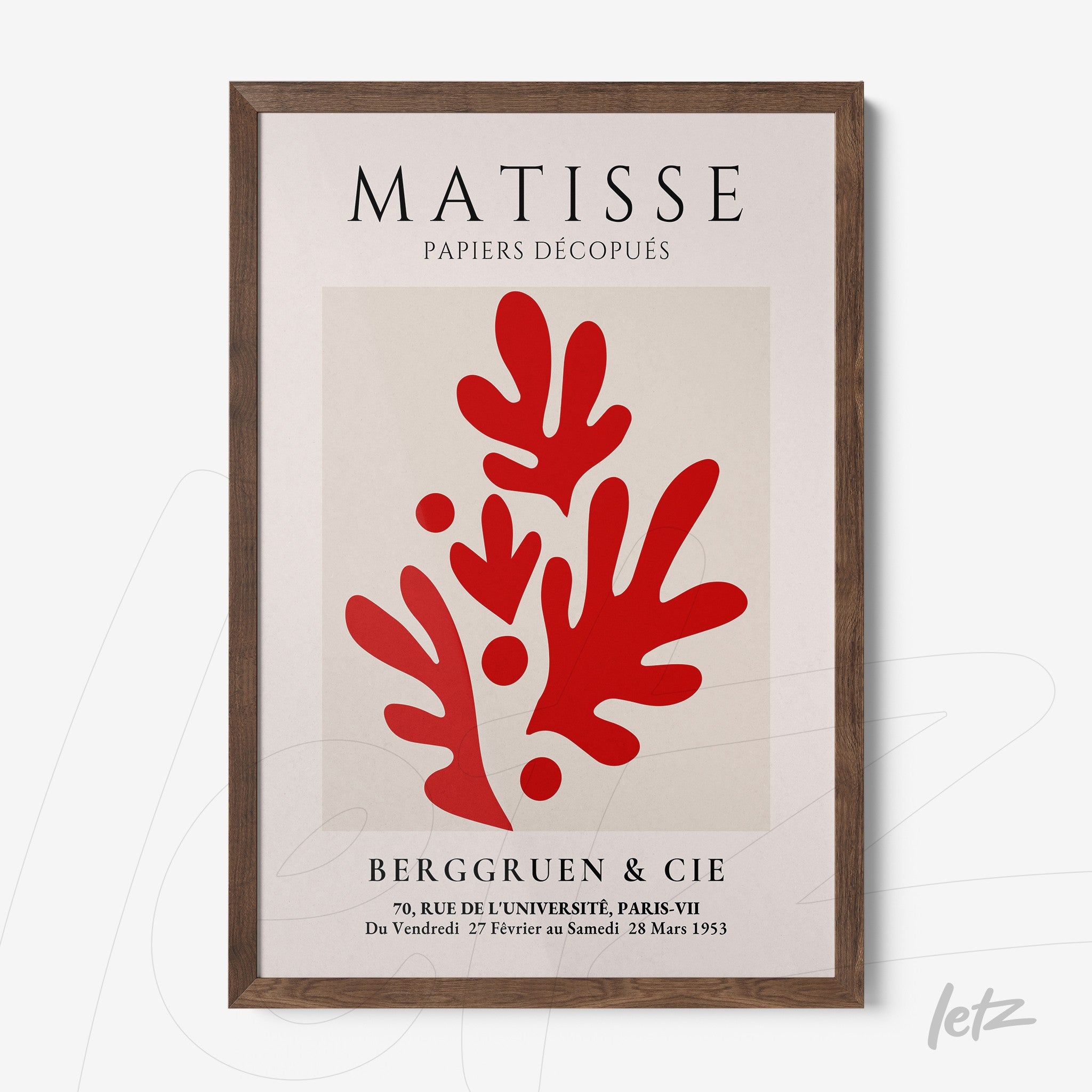framed wall art inspired by Matisse, featuring abstract red shapes, dark wooden frame