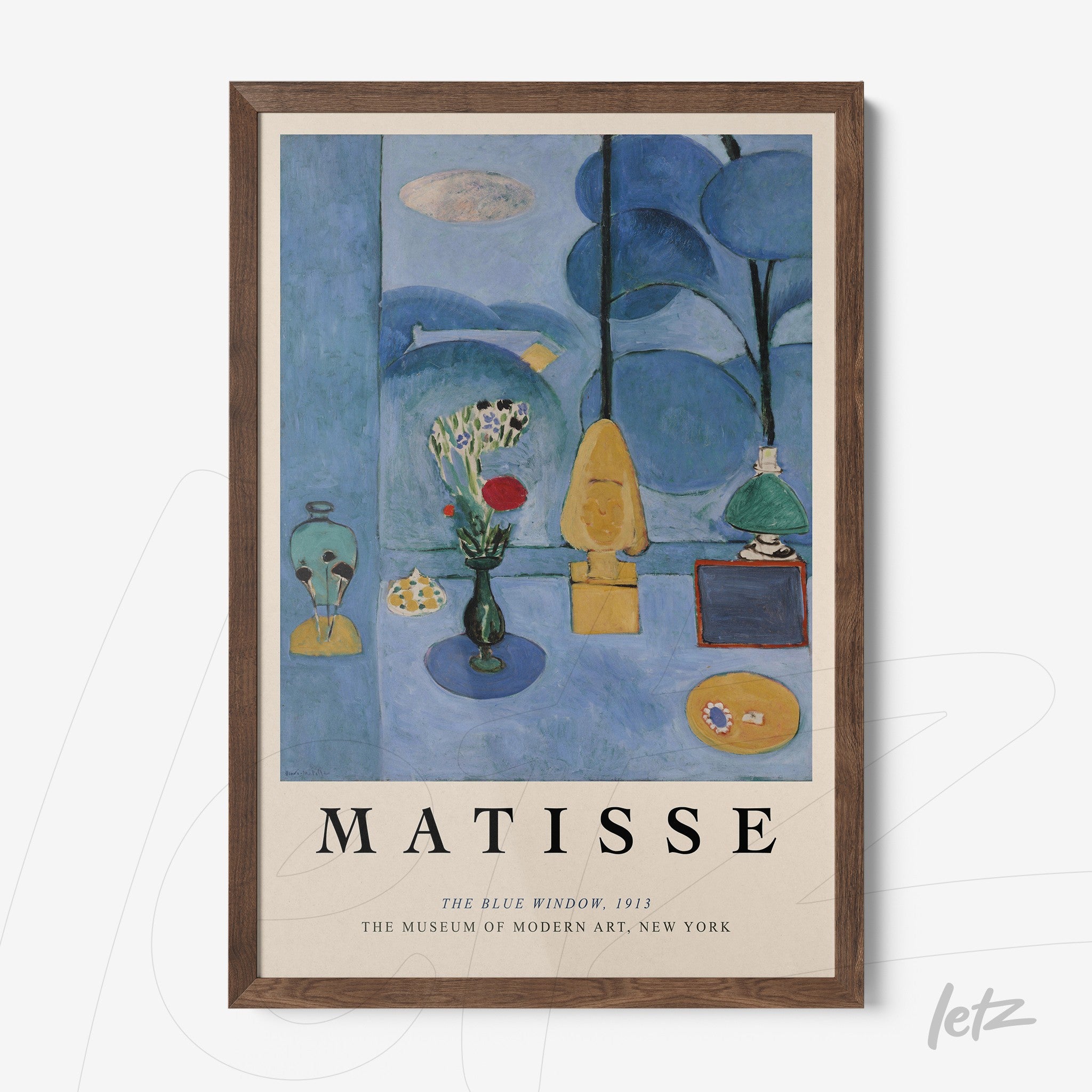 framed artwork of 'The Blue Window' by Matisse in dark wood frame