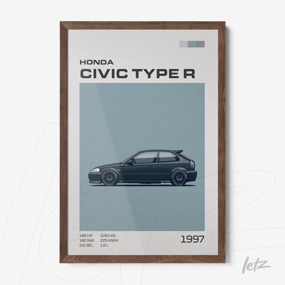 framed illustration of the 1997 Honda Civic Type R with dark wooden frame