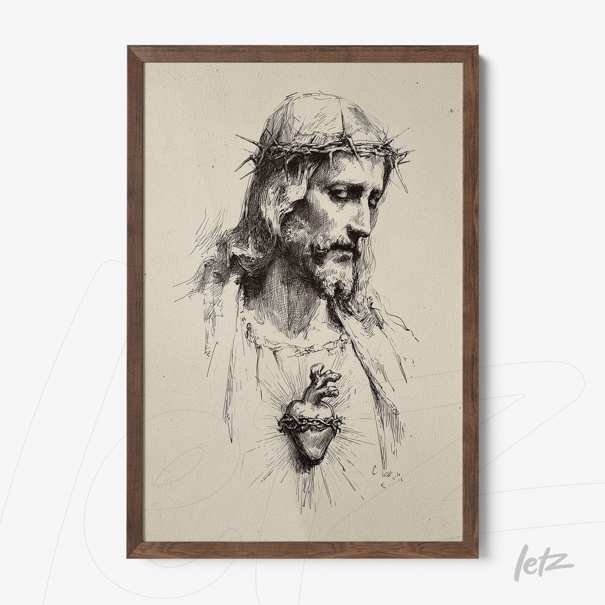 framed artwork featuring a sketch of Jesus Christ with a crown of thorns and an exposed heart on a textured background