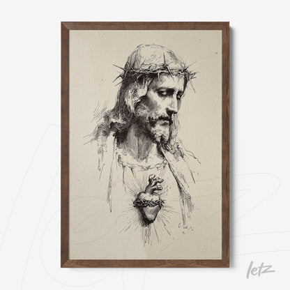 framed artwork featuring a sketch of Jesus Christ with a crown of thorns and an exposed heart on a textured background